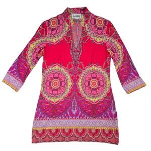 Joseph Ribkoff Pink Red Paisley V-Neck Rhinestone Dress sz 4